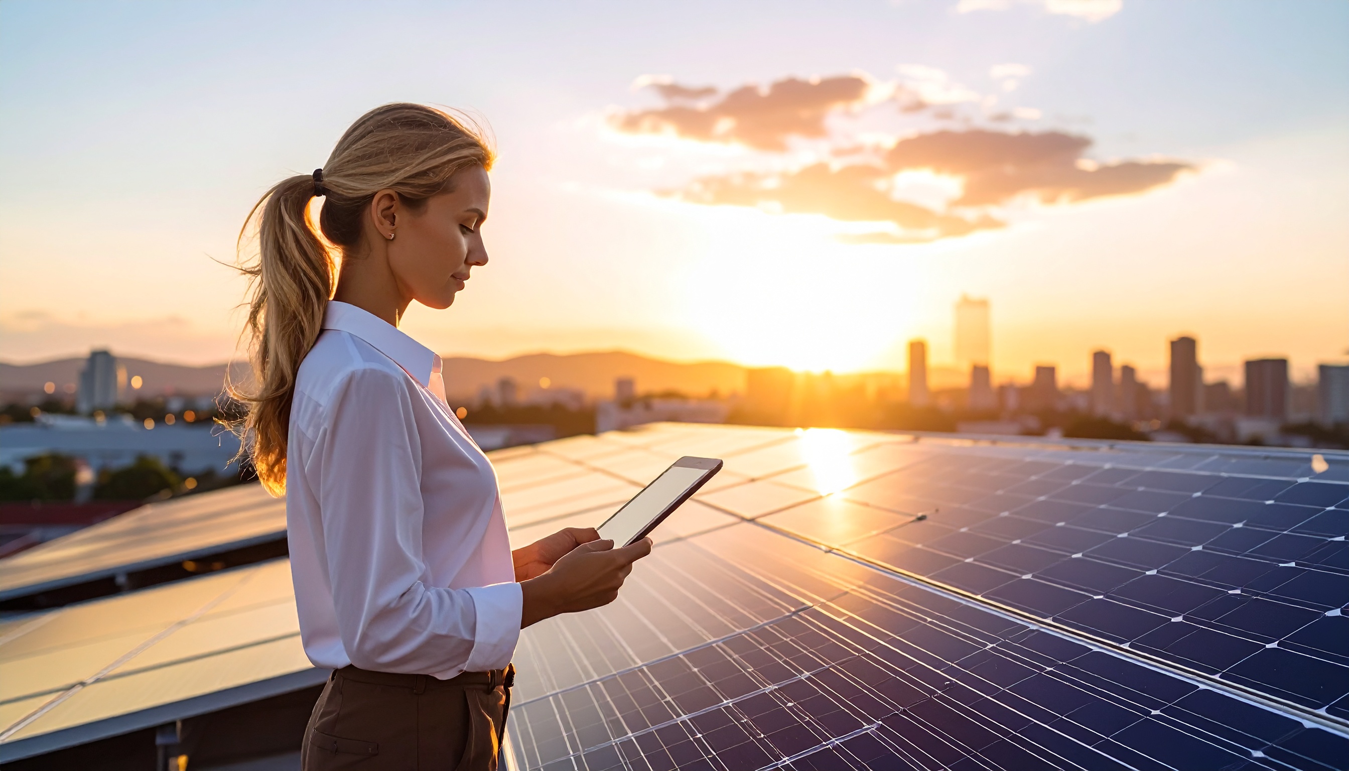 Mulher com cabelo loiro amarrado observa um tablet em um campo de painéis solares ao pôr do sol. O céu alaranjado cria uma atmosfera serena e iluminada, com uma cidade ao fundo. Composição equilibrada destaca tecnologia e sustentabilidade, com iluminação suave e foco na figura feminina e nos painéis solares.